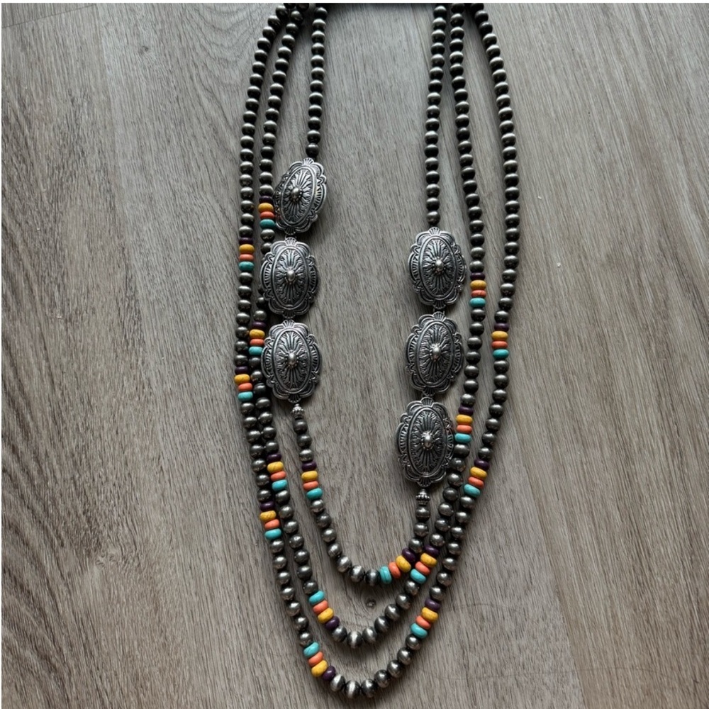 Southwestern Navajo Style Multi Strand Beaded Concho Necklace | Boho Western Sta - Picture 2 of 5